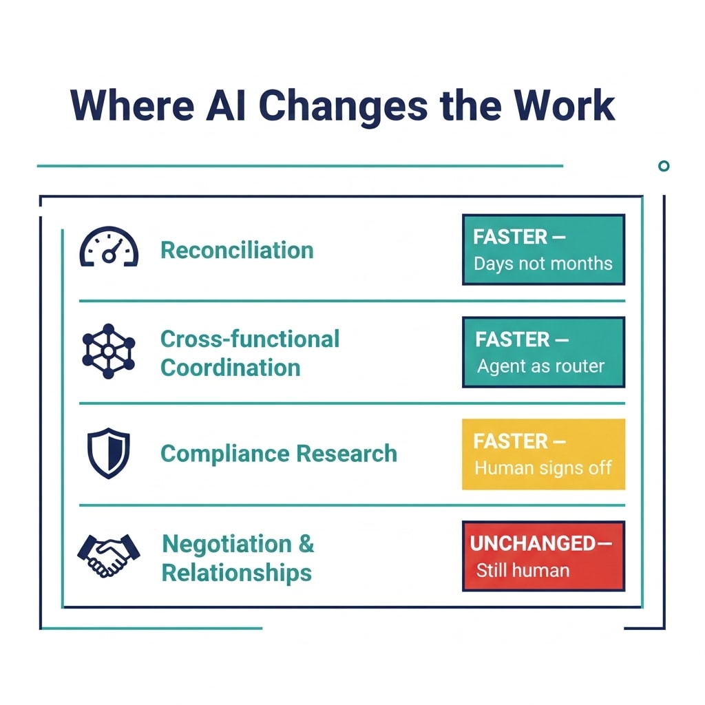 Four-row scorecard: Reconciliation (faster), Cross-functional Coordination (faster), Compliance Research (faster with human sign-off), Negotiation and Relationships (unchanged, still human)