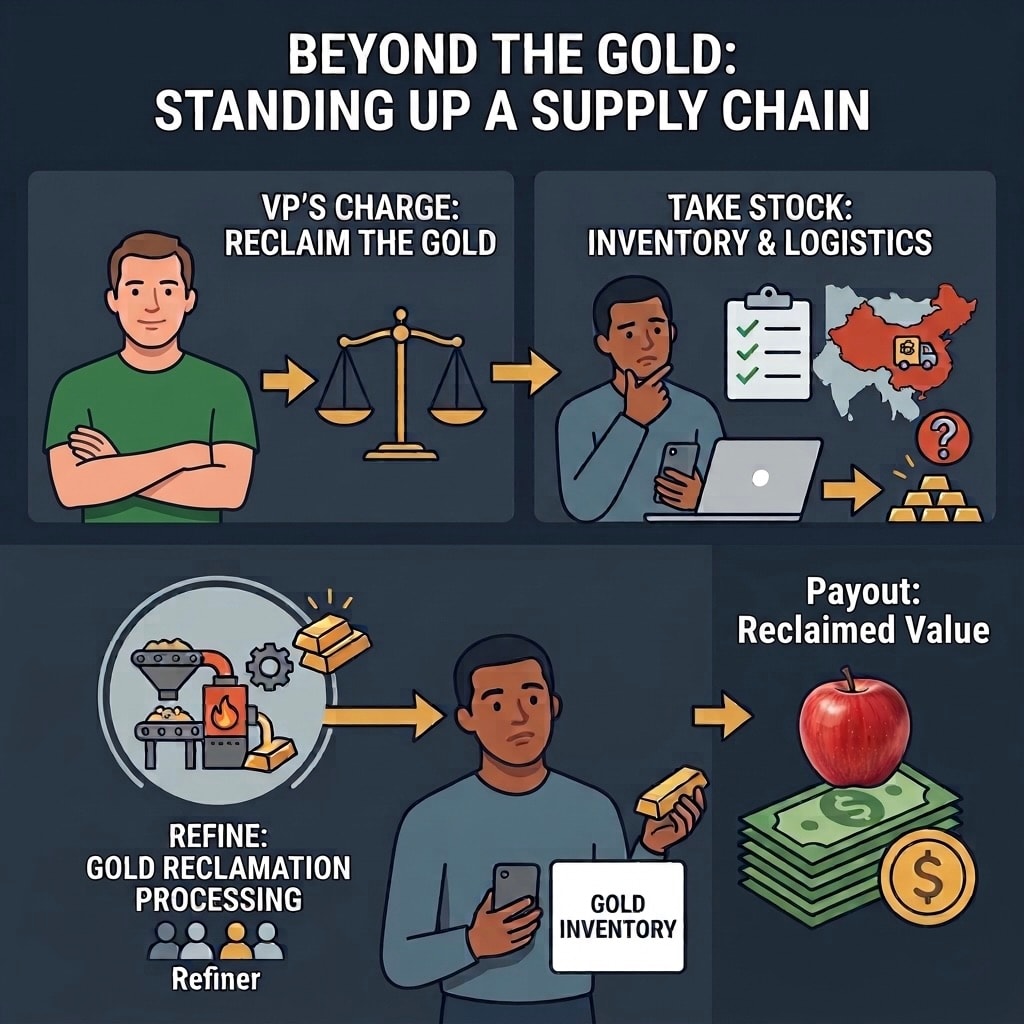 Infographic titled 'Beyond the Gold: Standing Up a Supply Chain' showing four stages: VP's charge to reclaim the gold, take stock of inventory and logistics, refine through gold reclamation processing, and payout of reclaimed value