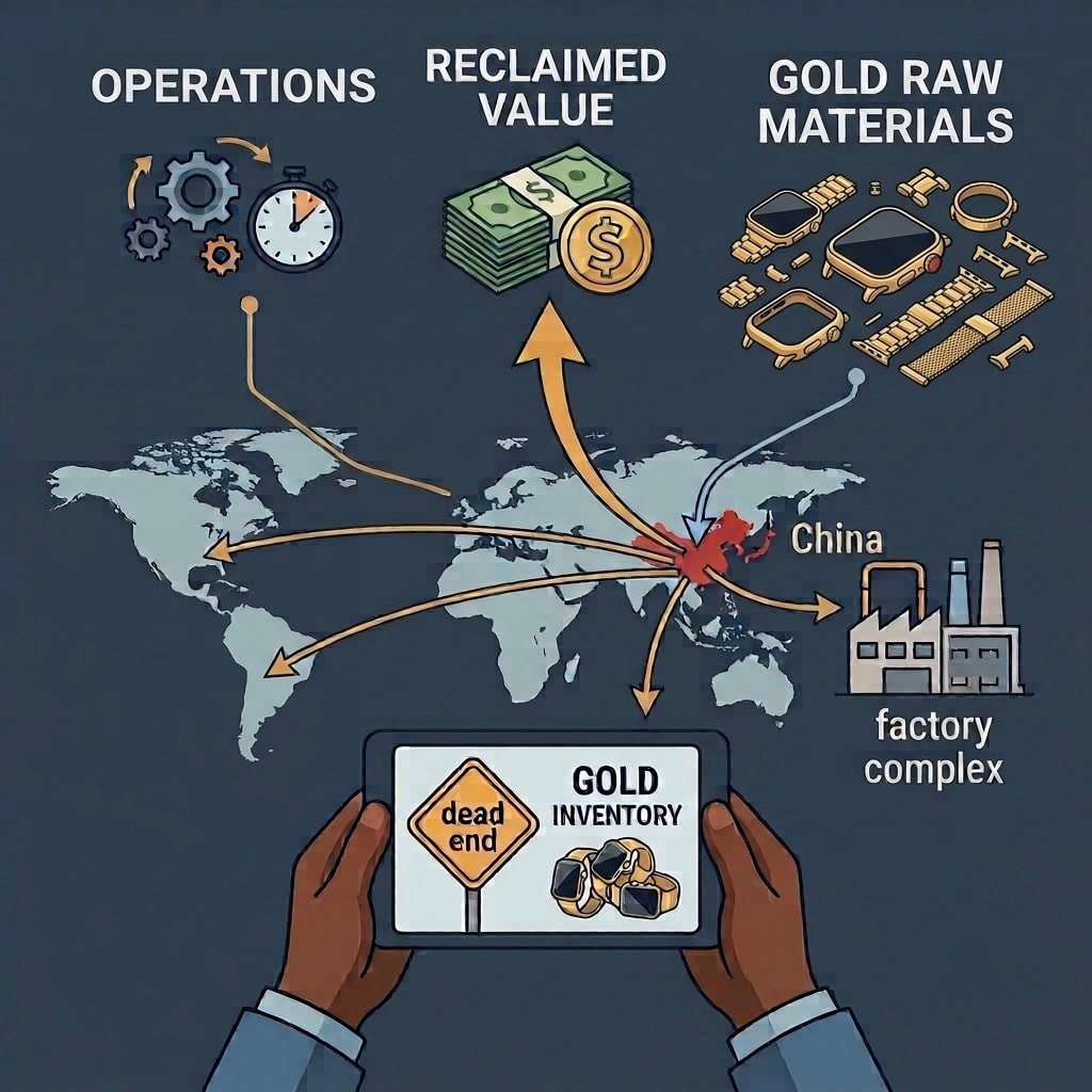 Infographic showing the gold supply chain: operations, reclaimed value, gold raw materials, China factory complex, and dead-end gold inventory