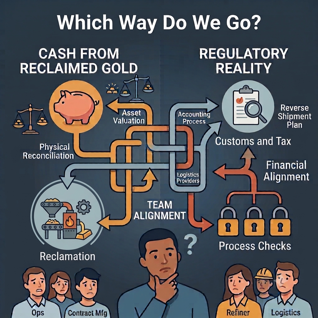 Flowchart infographic titled 'Which Way Do We Go?' showing two paths: cash from reclaimed gold vs. regulatory reality, with team alignment, customs and tax, and process checks